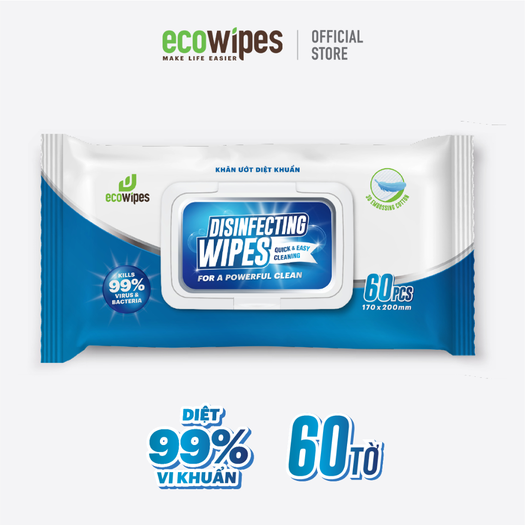 Khăn ướt diệt khuẩn Disinfecting Wipes hương chanh gói 60 tờ diệt 99,9% vi khuẩn