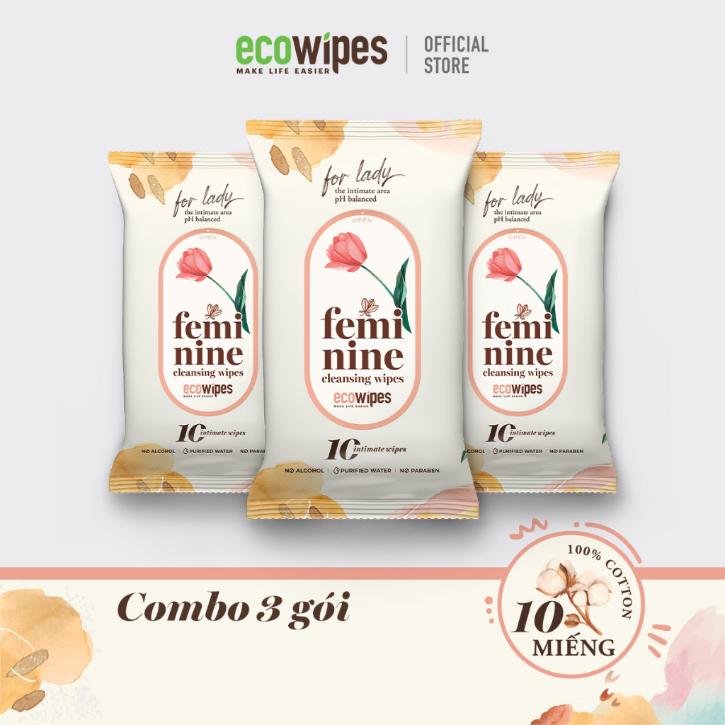 Combo 03 gói khăn ướt vệ sinh phụ nữ Feminine Cleansing Wipes gói 10 tờ