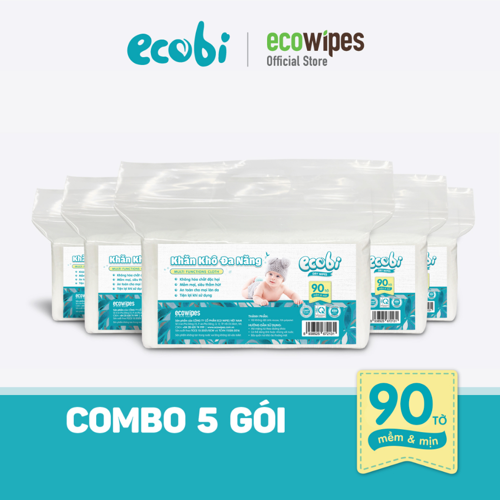 Combo 05 túi khăn khô đa năng cao cấp cho bé Ecowipes túi 90 tờ siêu tiết kiệm mềm mịn dai thấm hút tốt