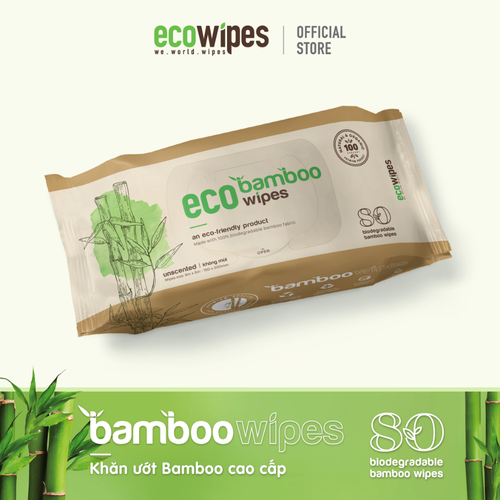Khăn ướt sợi tre cao cấp Eco Bamboo 80 tờ, kháng khuẩn, dễ phân hủy