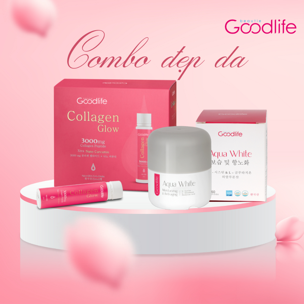 Combo Đẹp Da Nước Uống Goodlife Collagen Glow 3000Mg & Viên Uống Trắng Da Cấp Ẩm Goodlife Aqua White 650Mg/Viên X 60
