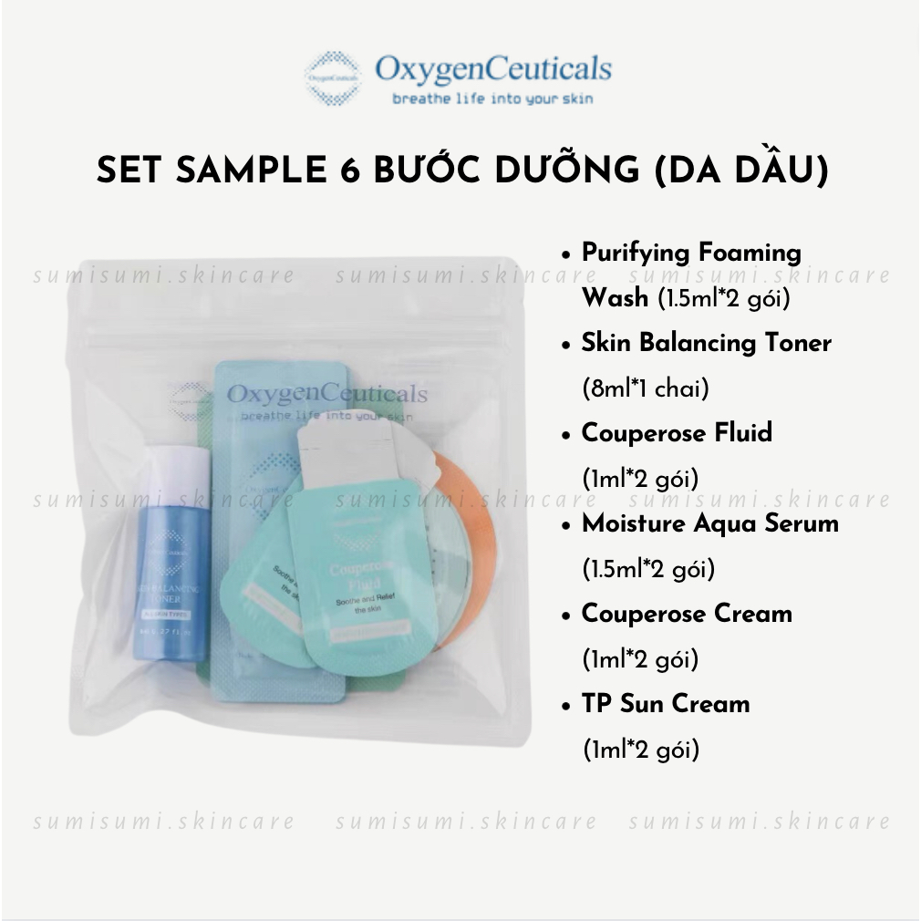 (Oxygen Ceuticals) Set dưỡng da mini 6 bước Skin Balancing Toner, Couperose Cream, Moisture Aqua Serum, TP Sun Cream