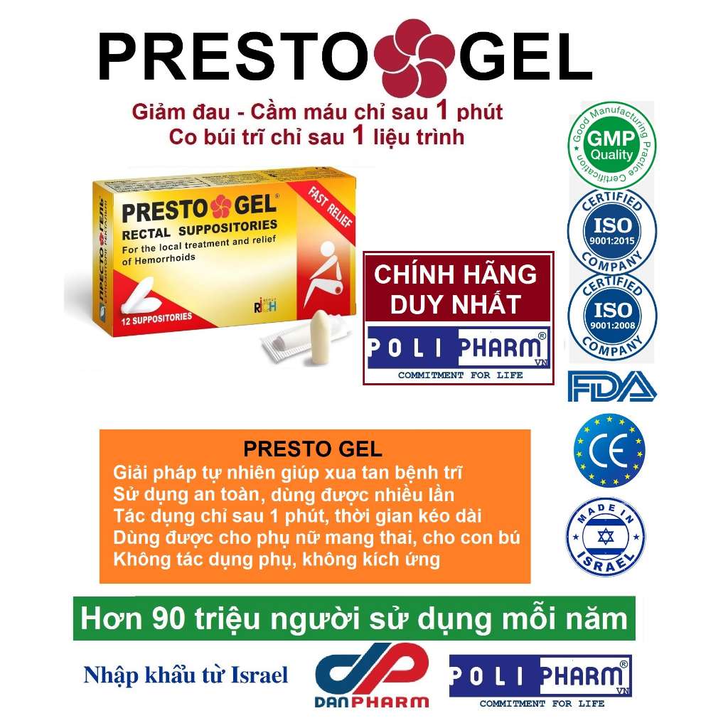 Viên trĩ Presto nhập khẩu Danpharm Israel, hộp 12 viên hàng nhập khẩu