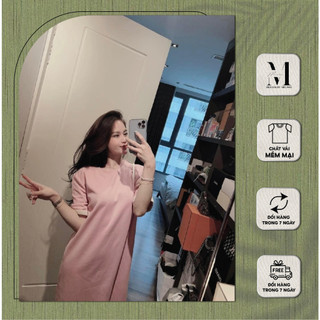Váy babydoll dáng dài, váy babydoll dáng suông cotton hồng cánh sen cực xịn sò V10428