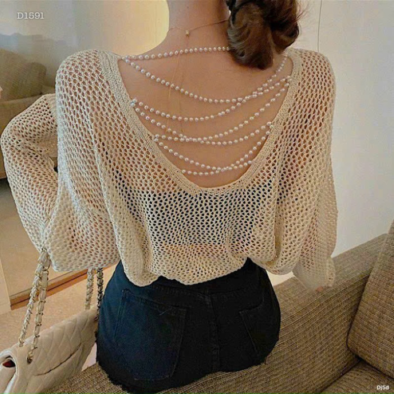 Áo len lưới lưng chữ u đính hạt