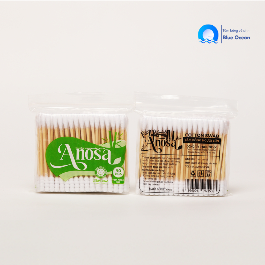 Tăm bông ngoáy tai gỗ người lớn ANOSA thân trúc TB01-153 túi 90 que