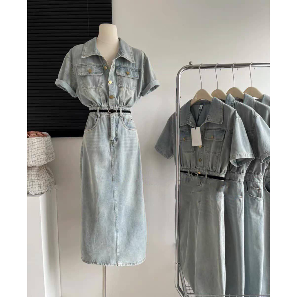 Váy bò cổ sơ mi dáng dài cài khuy chất bò mài phong cách trẻ trung - Đầm jeans nữ