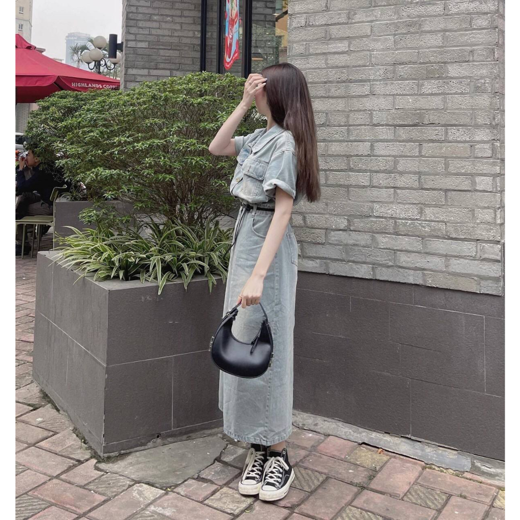 Váy bò cổ sơ mi dáng dài cài khuy chất bò mài phong cách trẻ trung - Đầm jeans nữ