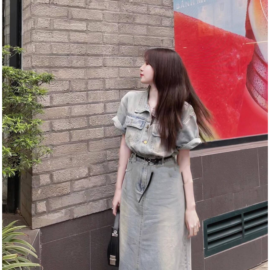Váy bò cổ sơ mi dáng dài cài khuy chất bò mài phong cách trẻ trung - Đầm jeans nữ