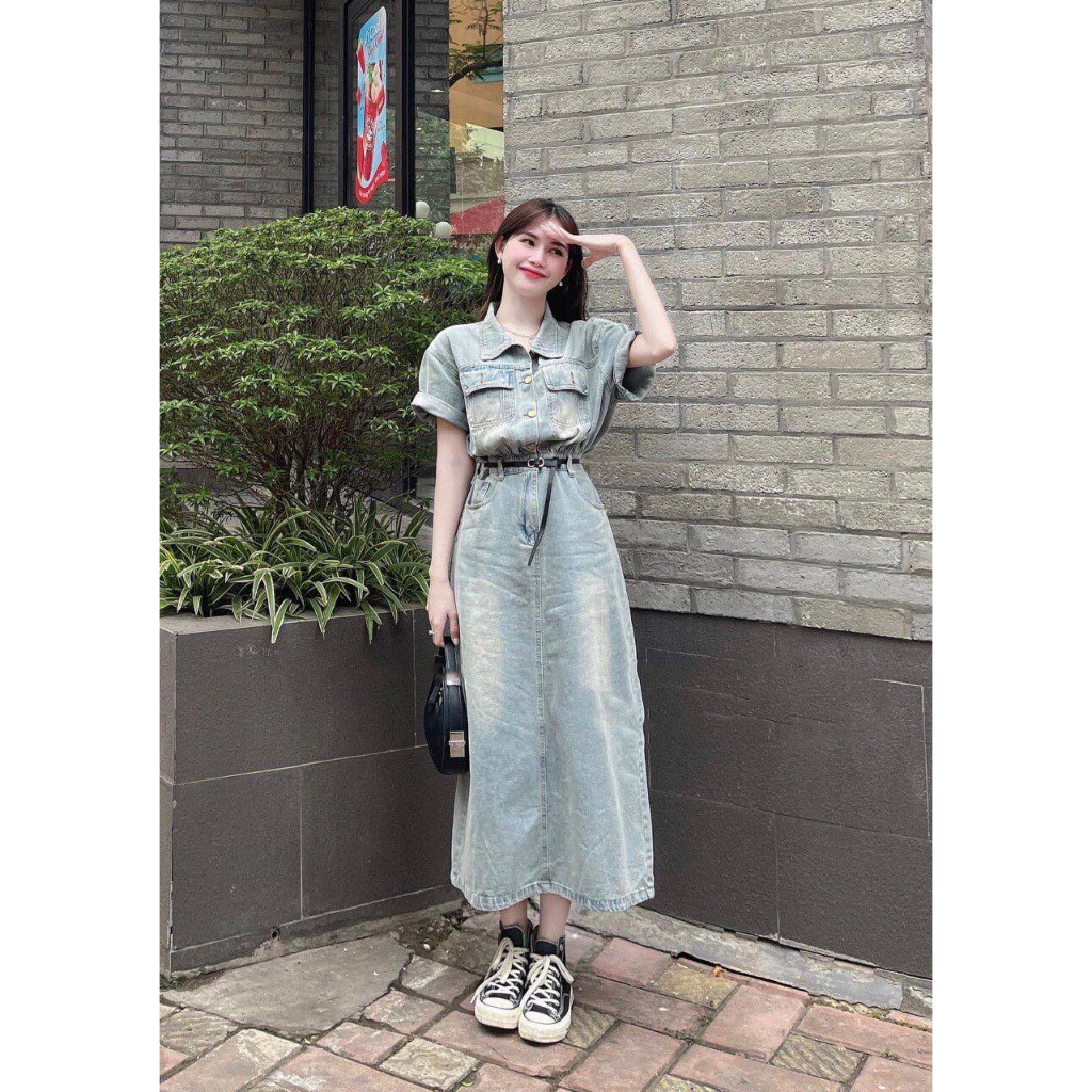 Váy bò cổ sơ mi dáng dài cài khuy chất bò mài phong cách trẻ trung - Đầm jeans nữ