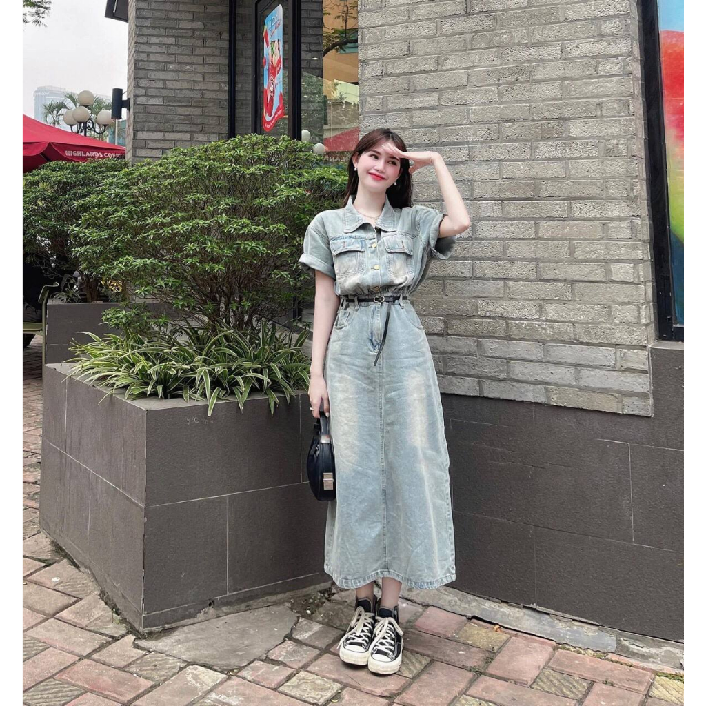 Váy bò cổ sơ mi dáng dài cài khuy chất bò mài phong cách trẻ trung - Đầm jeans nữ