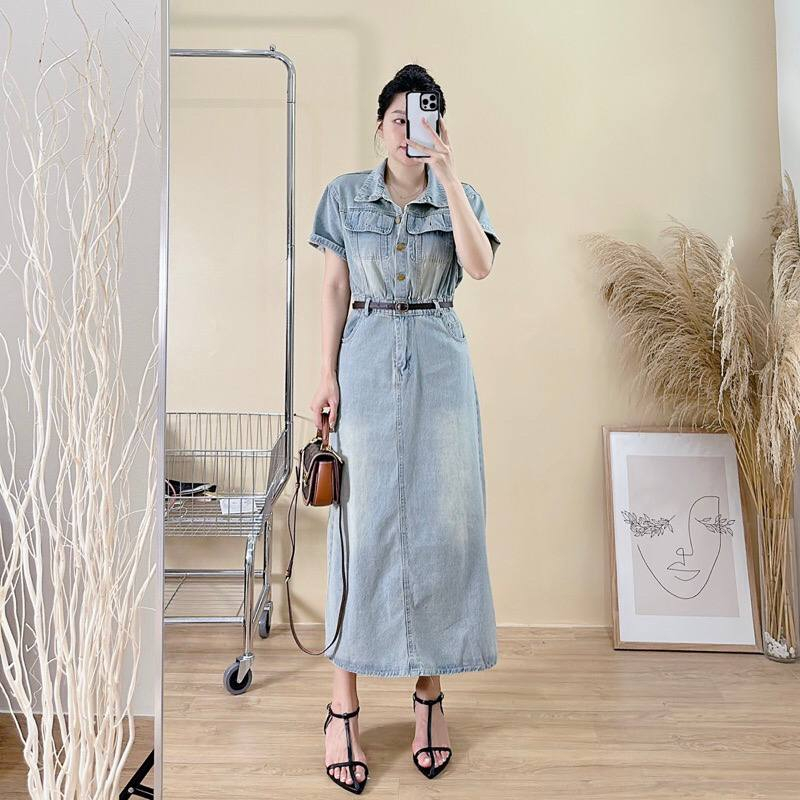 Váy bò cổ sơ mi dáng dài cài khuy chất bò mài phong cách trẻ trung - Đầm jeans nữ