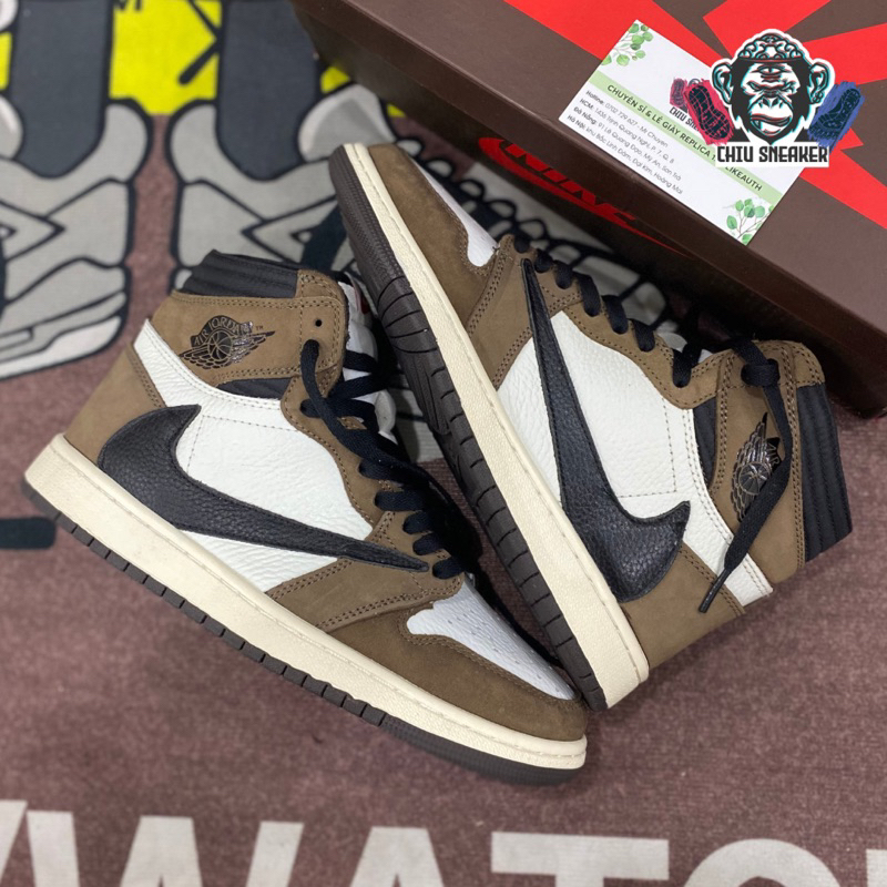 Giày sneaker nam nữ Jordan 1 high travis scott nâu phiên bản cao cấp da lộn giày Jordan cổ cao nâu