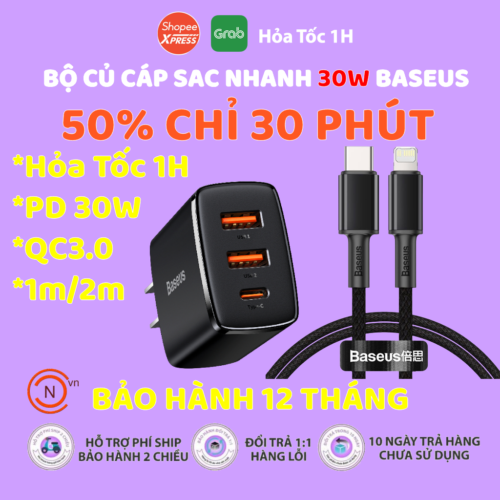 Cốc củ sạc nhanh Baseus 30w cao cấp Củ sạc nhanh 3 cổng USB Type C Cục Sạc Hỗ Trợ QC 3.0, USB PD Cho Tablet/Táo/Android