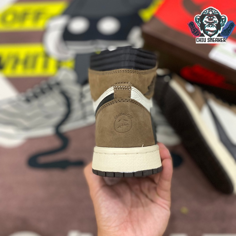 Giày sneaker nam nữ Jordan 1 high travis scott nâu phiên bản cao cấp da lộn giày Jordan cổ cao nâu