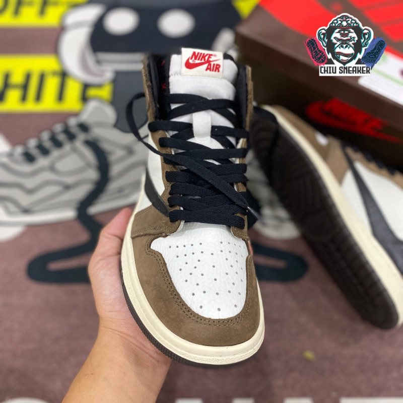 Giày sneaker nam nữ Jordan 1 high travis scott nâu phiên bản cao cấp da lộn giày Jordan cổ cao nâu