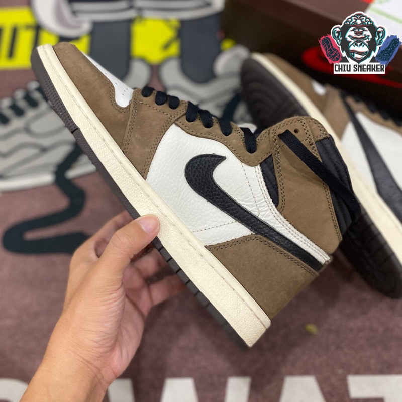 Giày sneaker nam nữ Jordan 1 high travis scott nâu phiên bản cao cấp da lộn giày Jordan cổ cao nâu