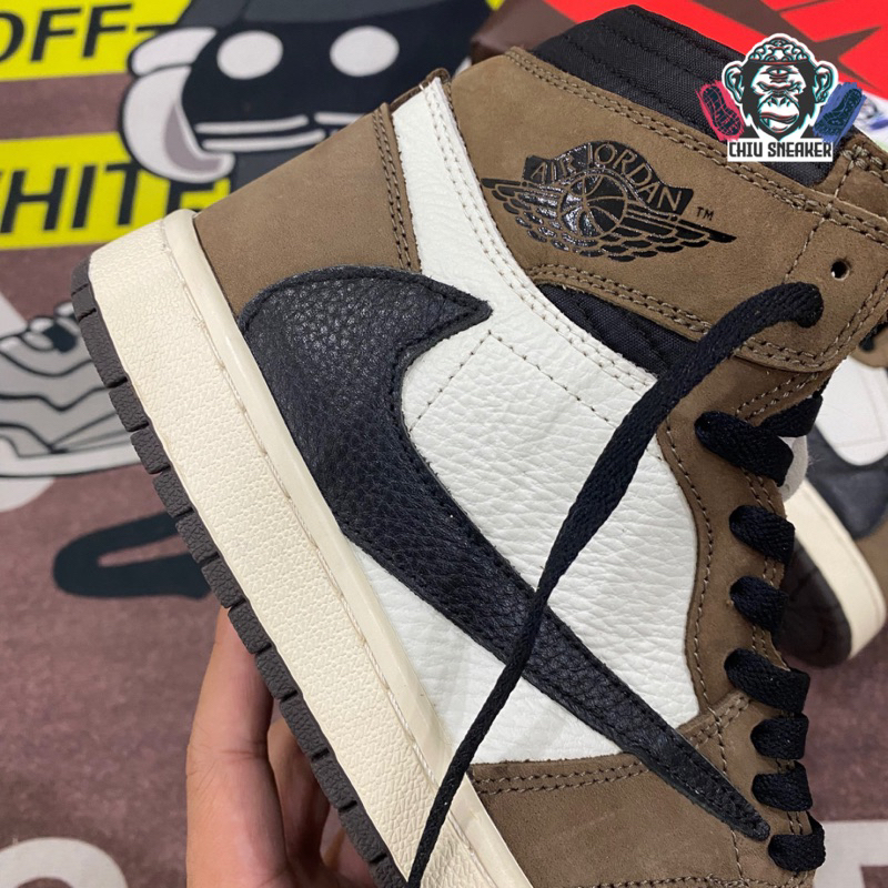 Giày sneaker nam nữ Jordan 1 high travis scott nâu phiên bản cao cấp da lộn giày Jordan cổ cao nâu