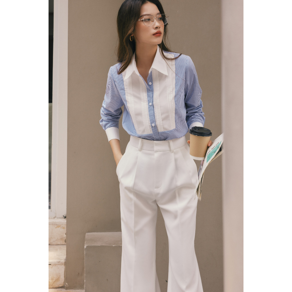 BSSM26 Áo Basic cotton kẻ xanh pha trắng