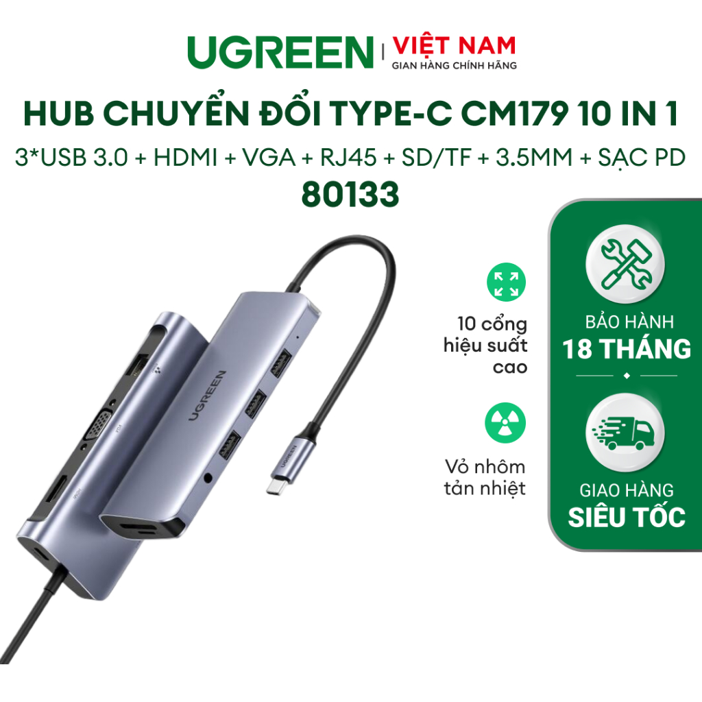 Hub chuyển đổi Type-C Ugreen 10 trong 1 | Bảo Hành18 Tháng | 80133 15601