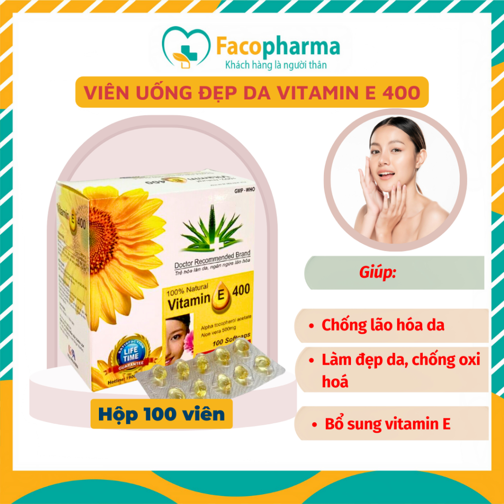 Viên uống vitamin E400 bổ dung vitamin E trẻ hóa làn da giúp ngăn ngừa lão hóa chống oxy hóa mang lại hộp 100v TPN7.15