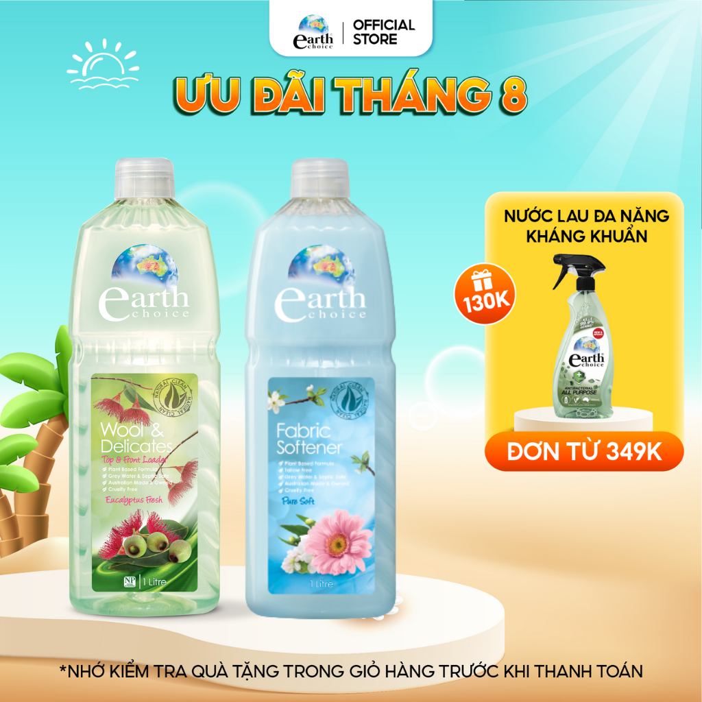 Combo Giặt Xả EARTH CHOICE Phù Hợp Với Chất Vải Cao Cấp, Chiết Xuất Thực Vật An Toàn Cho Da