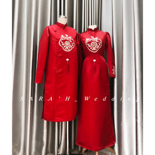Cặp áo dài dâu rể đỏ đô