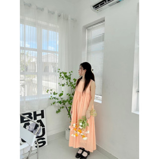 Váy thắt nơ lưng caro cam đào