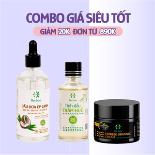 Dầu Dừa Nguyên Chất (100ml), Tinh Dầu Tràm (50ml), Kem Rạn Da (50g) Herbee, Combo Giữ Ấm, Dưỡng Ẩm và Massage