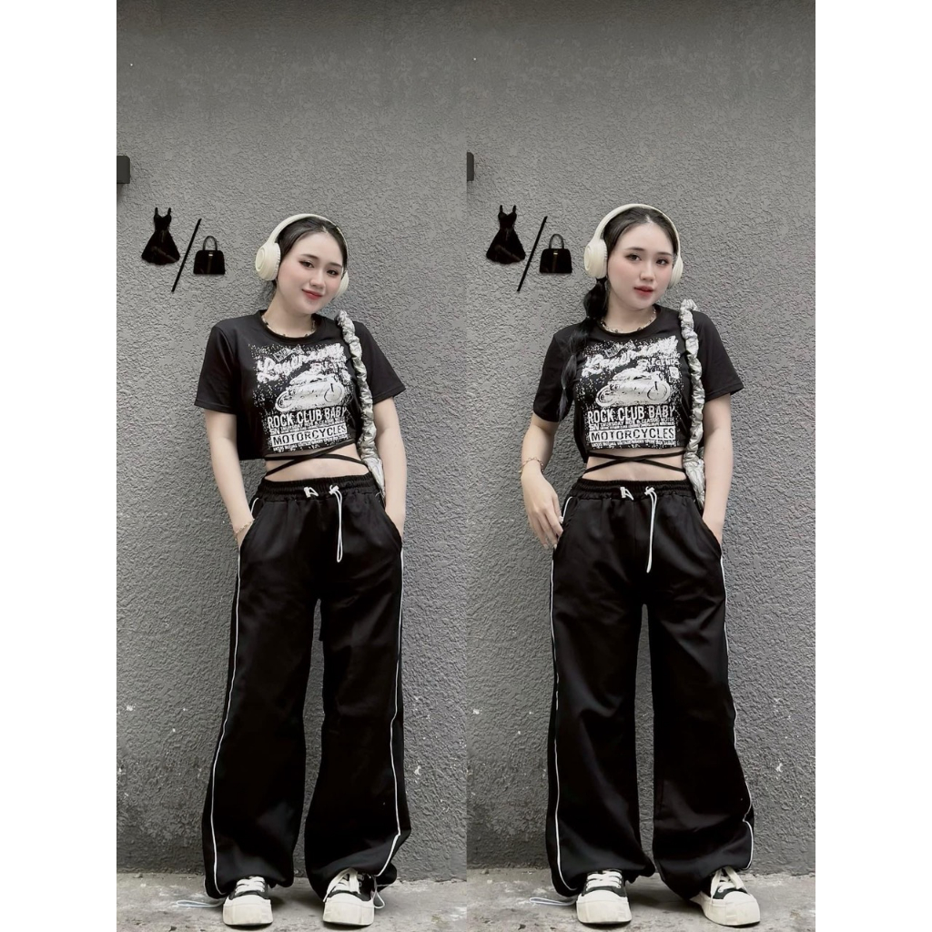 Set đồ nữ quần suông ống rộng kèm croptop dây buộc eo đen trắng thời trang