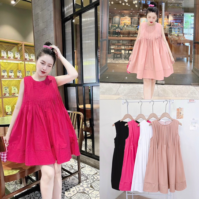 Đầm baby doll xếp li ngực dáng ngắn xoè