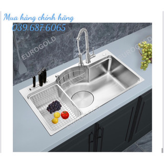 Chậu rửa bát 1 hố inox 304 cao cấp, chậu rửa chén 1 hộc, bồn rửa chén inox eurogold eud37848/eud27848 có giá cài dao
