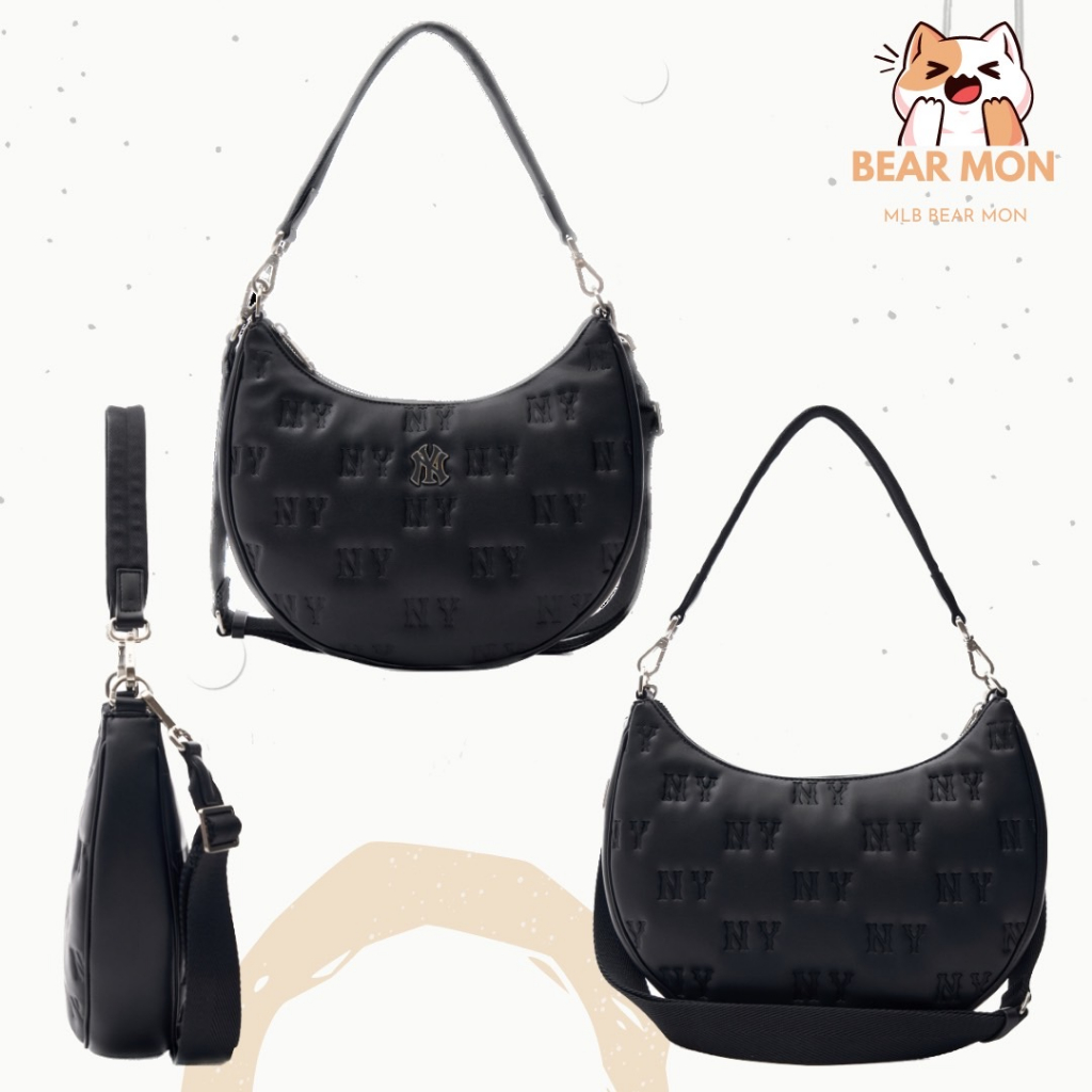 Túi Da MLB Classic Monogram Embo Cross Type Hobo Bag Boston Red Sox New York Yankees màu trắng và đen