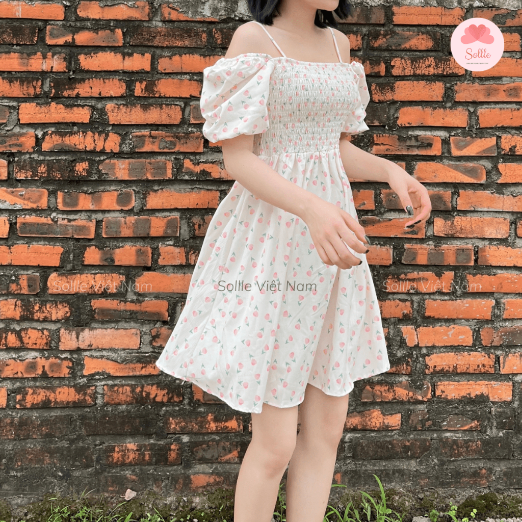 Đầm babydoll váy hoa nhí trễ vai tay bồng chun ngực dáng xòe ulzzang mặc 2 kiểu Hàn Quốc Sollle