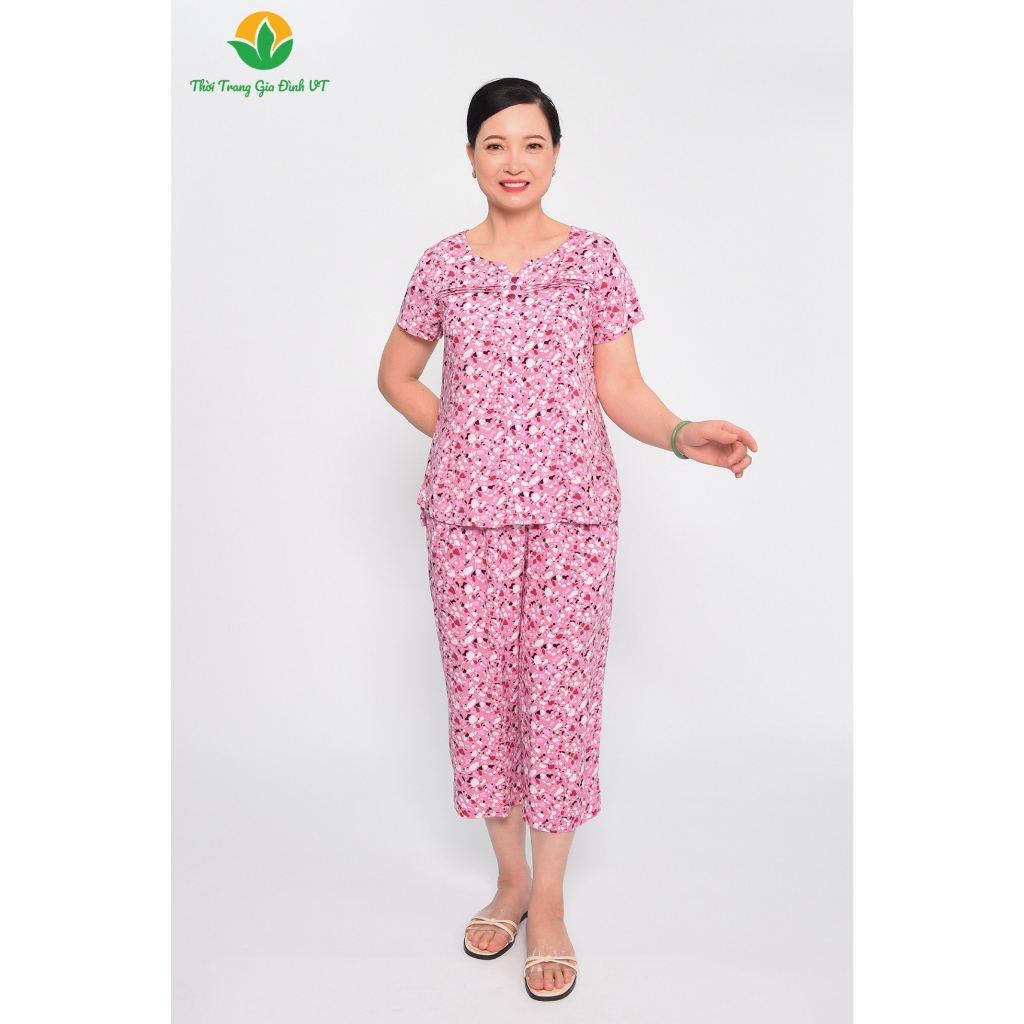 Bộ mặc nhà trung niên mùa hè Việt Thắng, quần lửng, áo cộc tay, chất lanh (tole) - B06.2310