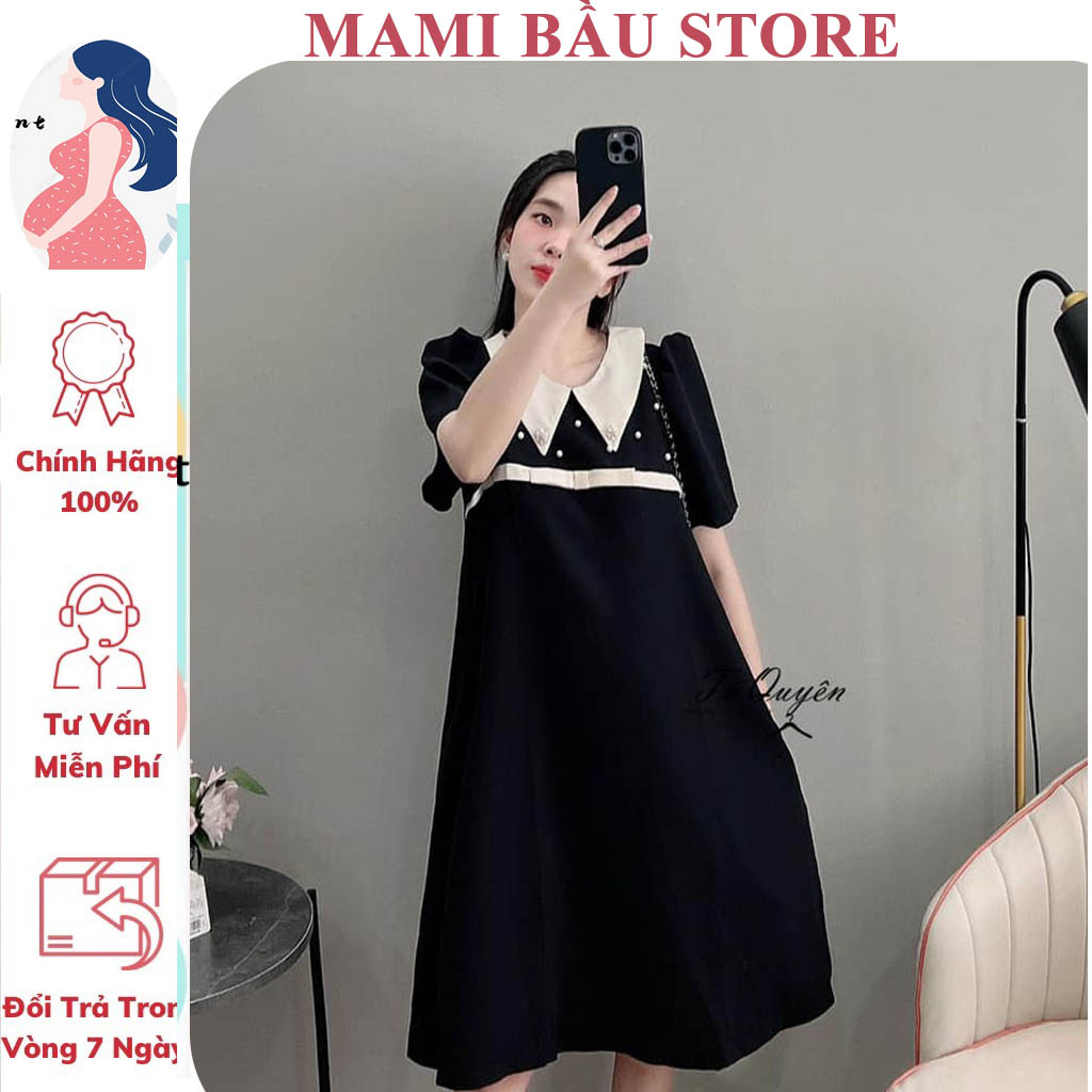 VÁY ĐẦM BẦU MÙA HÈ THIẾT KẾ BABY DOLL CỔ SƠ MI CÁCH ĐIỆU ĐÍNH HẠT CỰC SANG VẢI MỀM MÁT FRESIZE