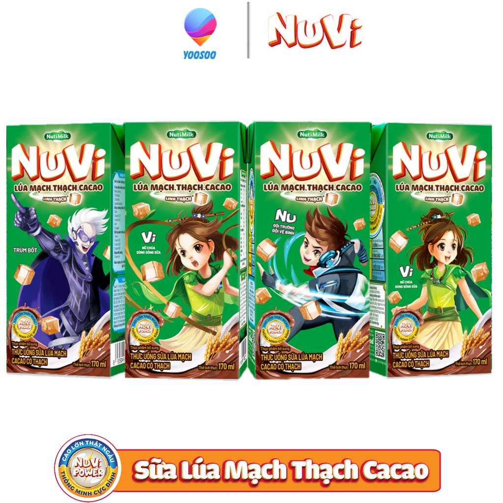 (Có Thẻ Quà)Lốc 4 Hộp Nuvi Sữa Lúa Mạch Thạch Cacao/ Trái cây Dâu/ Cam có Thạch Hộp 170ml NUTIFOOD - YOOSOO MALL