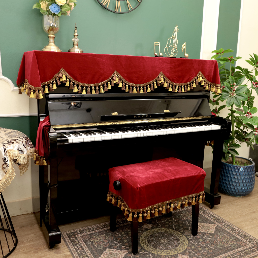 Bộ Khăn Nhung Đỏ Đô - Phù Hợp Cho Piano Cơ và Piano Điện Tua Rua Cao Cấp