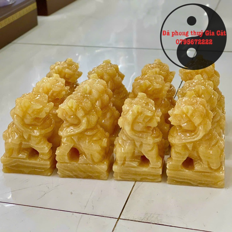 Tượng đá kỳ lân cặp lân cặp sư tử đá ngọc hoàng long 10 cm dày dặn kiểm định