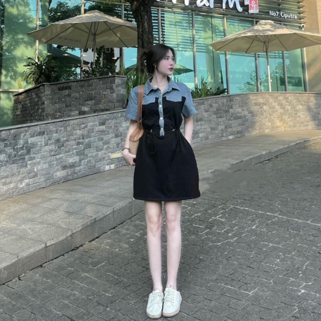 Bigsize Đầm thun cổ sơ mi phối jeans rút eo 55-95kg