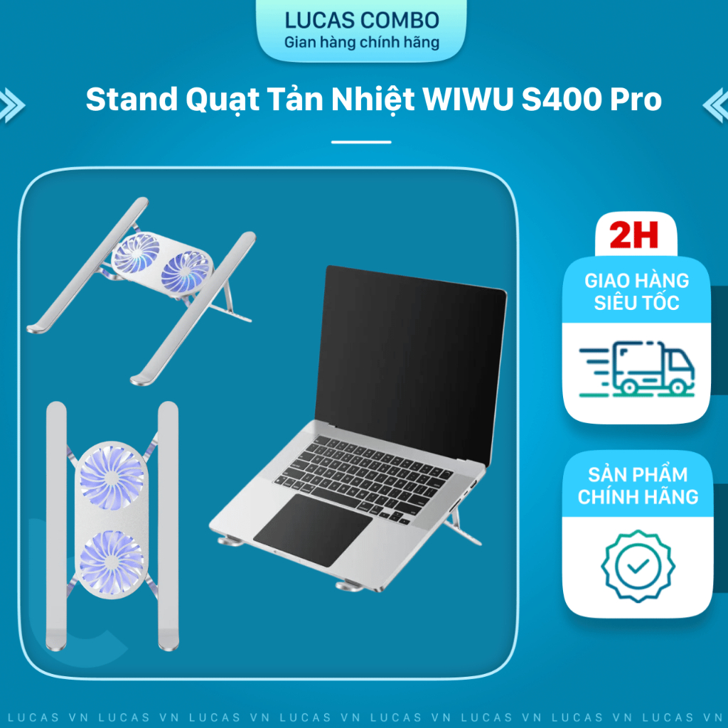 Giá Đỡ Quạt Tản Nhiệt Macbook WIWU S400 Pro Nhôm Gấp Gọn Đế Tản Nhiệt Tương Thích Laptop 10 -17inch 2 Quạt Tản Nhiệt
