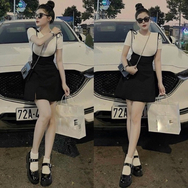 Sét Váy Yếm Xẻ Đùi Gồm Áo Bo Tăm Kèm Yếm Thắt Dây Yếm Umi