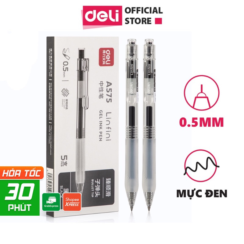 Hộp 5 cây Bút Bi Nước Ngòi 0.5mm Mực Gel Màu Đen Deli Thiết Kế Vỏ Trong Suốt Dành Cho Văn Phòng Sinh Viên Học Sinh A575