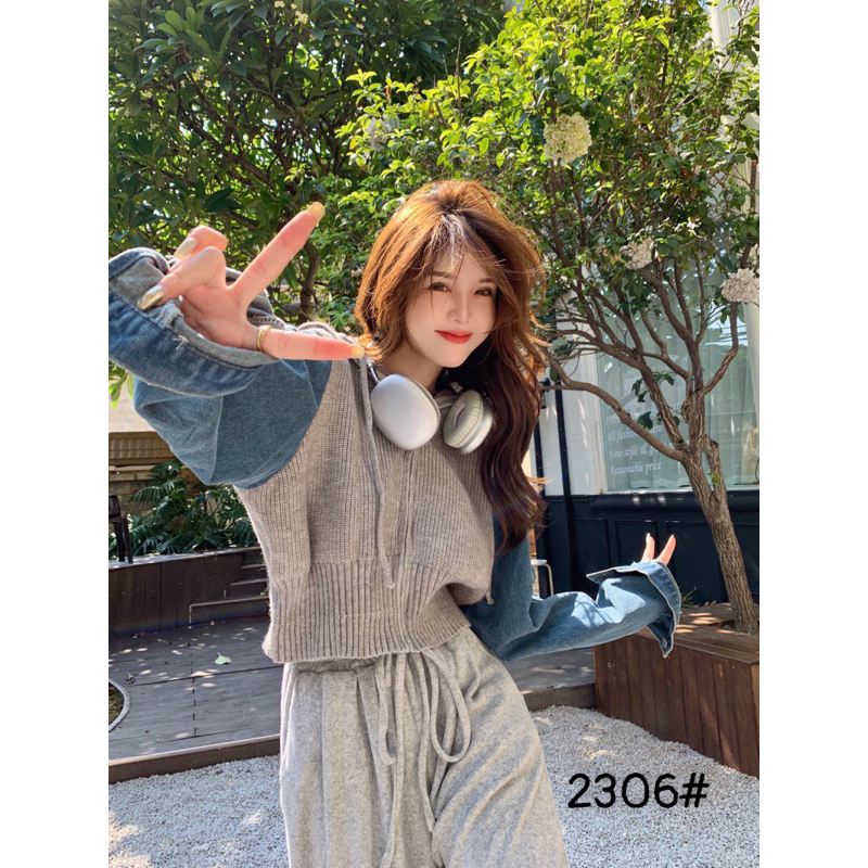 Áo khoác len nữ pha jean có mũ dáng croptop hàng QC