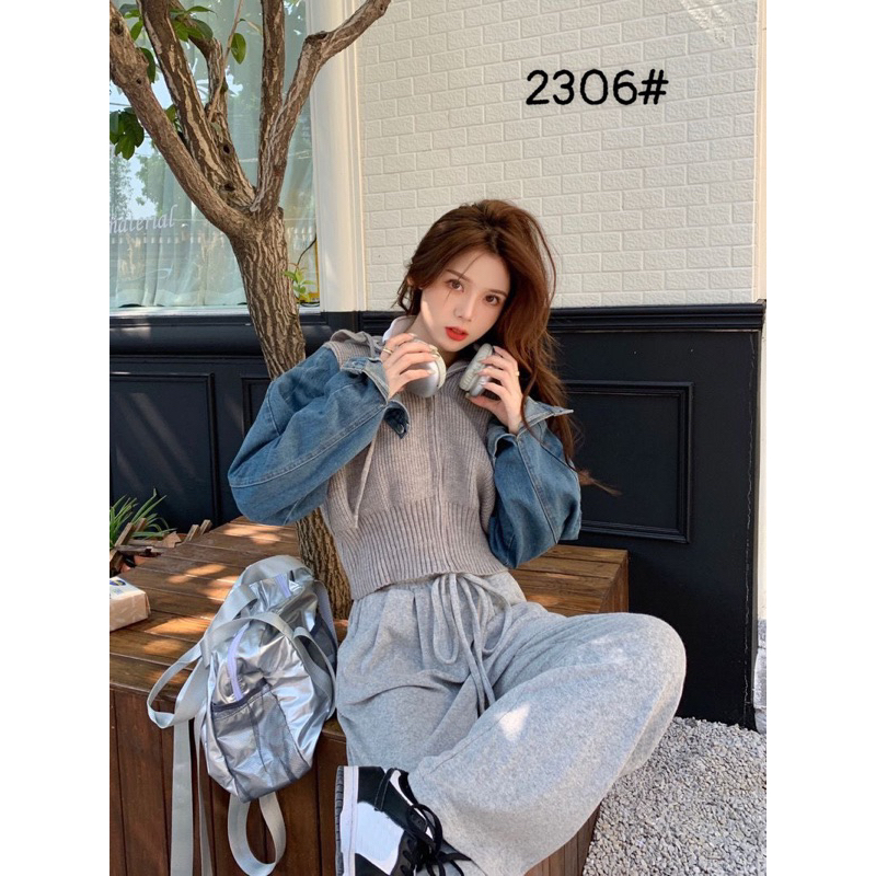 Áo khoác len nữ pha jean có mũ dáng croptop hàng QC