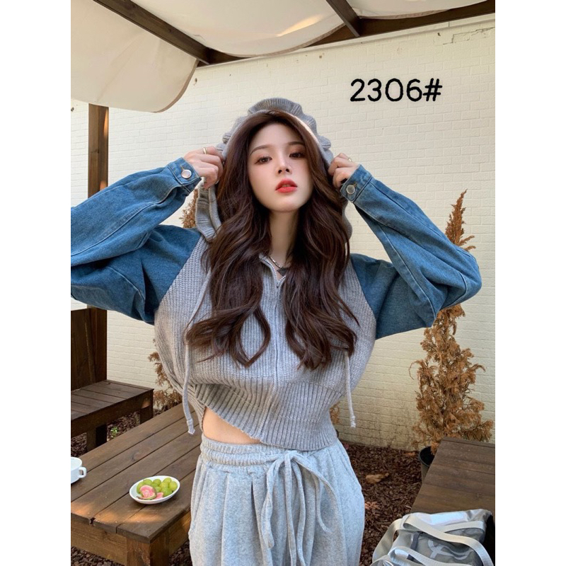 Áo khoác len nữ pha jean có mũ dáng croptop hàng QC