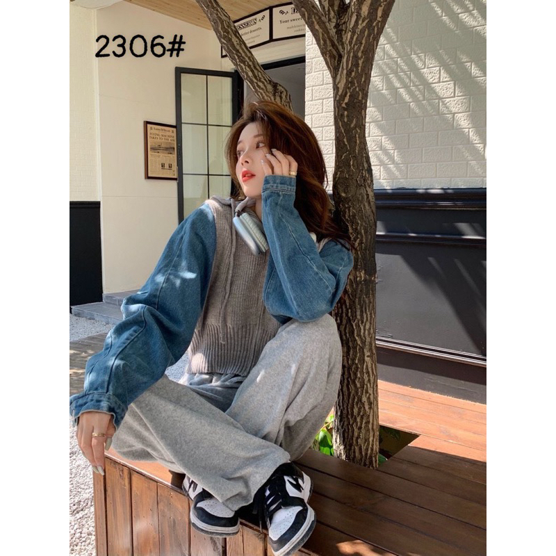 Áo khoác len nữ pha jean có mũ dáng croptop hàng QC