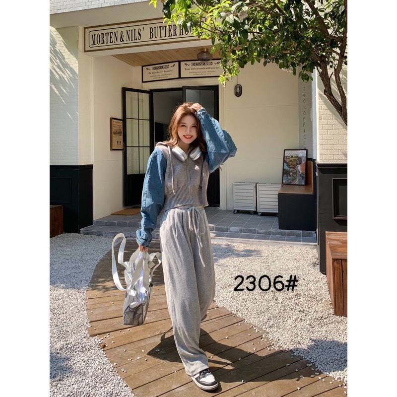 Áo khoác len nữ pha jean có mũ dáng croptop hàng QC