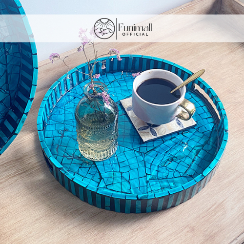 Khay Khảm Trai Tròn  Màu Sắc Blue Sáng Tạo Đựng Bánh, Cafe