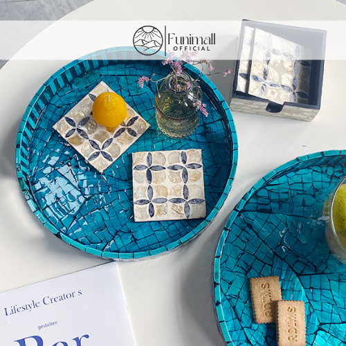 Khay Khảm Trai Tròn  Màu Sắc Blue Sáng Tạo Đựng Bánh, Cafe